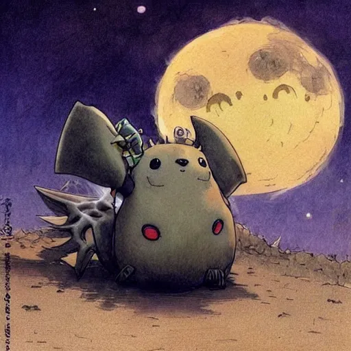 Image similar to ( ( ( ( ( grey lovecraftian mechanized pikachu demon from howl's moving castle ( 2 0 0 4 ), with a big head, on a desert road, wide shot, in front of a big moon. muted colors ) ) ) ) ) by jean - baptiste monge!!!