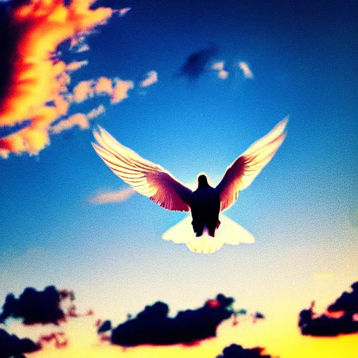 Prompt: Close-up realistic shot of a radiant white dove flying over the clouds at sunset, ethereal, vintage photograph, film grain, surreal, awe-inspiring, highly detailed, blue and orange color scheme