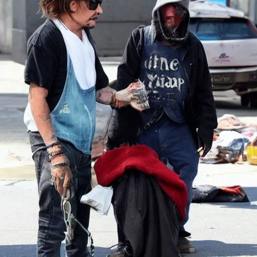 Prompt: johnny depp helping homeless people out