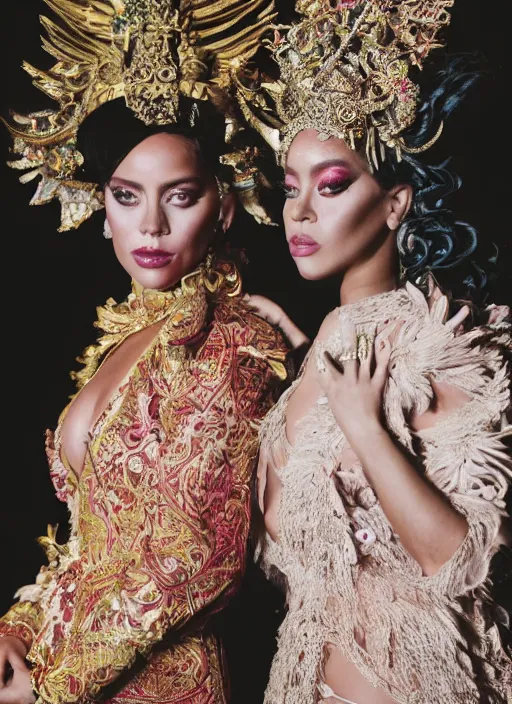 Prompt: portrait of lady gaga and rihanna wearing kebaya in bali temple, by charlotte grimm, natural light, detailed face, beautiful features, symmetrical, canon eos c 3 0 0, ƒ 1. 8, 3 5 mm, 8 k, medium - format print, half body shot