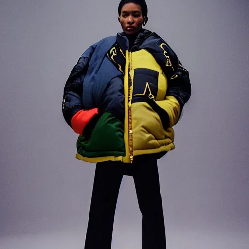 Image similar to realistic photoshooting for a new balenciaga lookbook, color film photography, portrait of a beautiful woman, model is wearing a multi layered puffer jacket, photo in style of tyler mitchell, 3 5 mm,