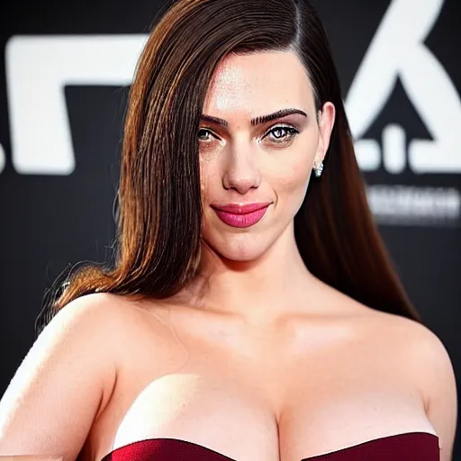 Image similar to a woman who is a genetic combination of kim kardashian and kat dennings and scarlett johansson and margot robbie and emma watson, face and upper - body focus