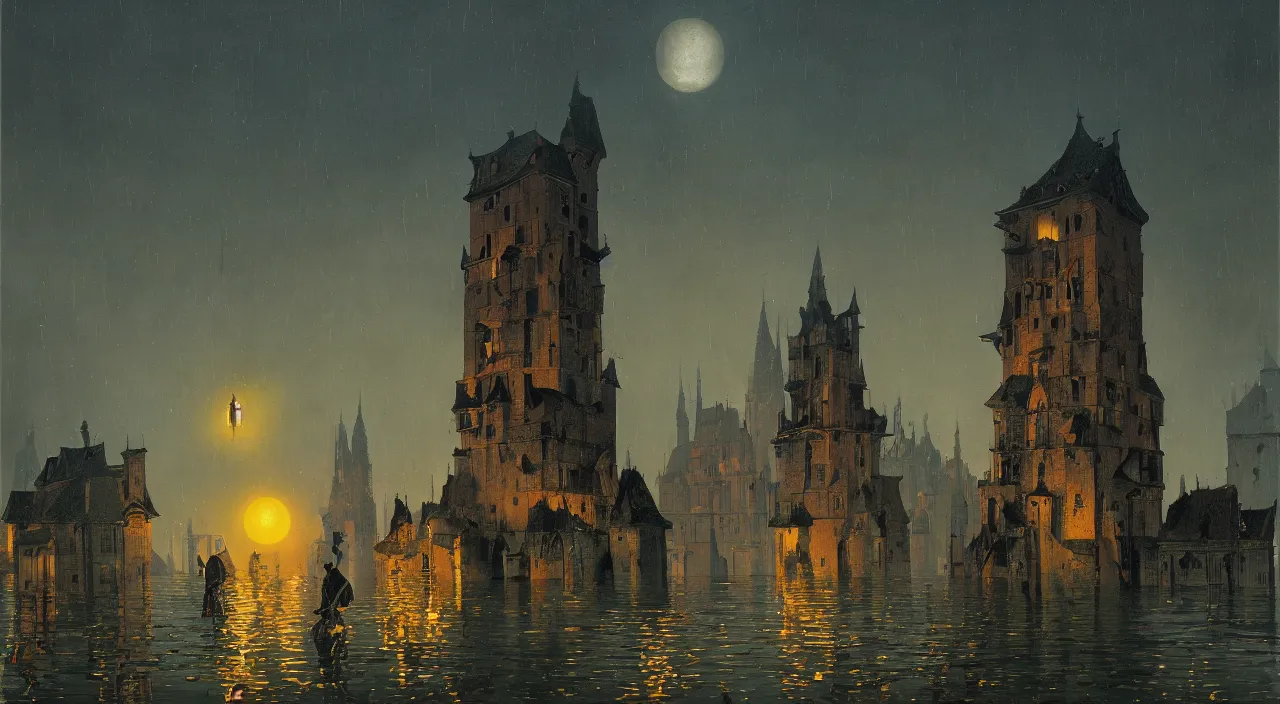 Prompt: a high contrast painting of a flooded ancient tower at night by simon stalenhag carl spitzweg jan van eyck audubon rene magritte max ernst, full-length view, highly detailed, vibrant colors, extremely high contrast!, symmetry, great composition, high detail, cinematic lighting, award winning masterpiece, trending on artstation