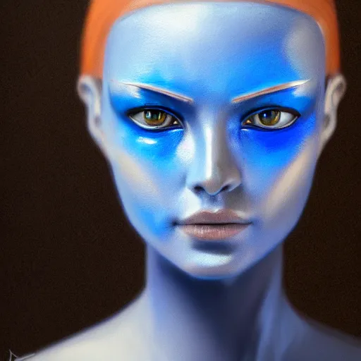 Prompt: portrait of a female android made of steel, face completely covered in phthalo blue filigree, glowing blue eyes, filigree, elegant, sharp focus, graceful, master crafted, trending on artstation, award winning, beauty