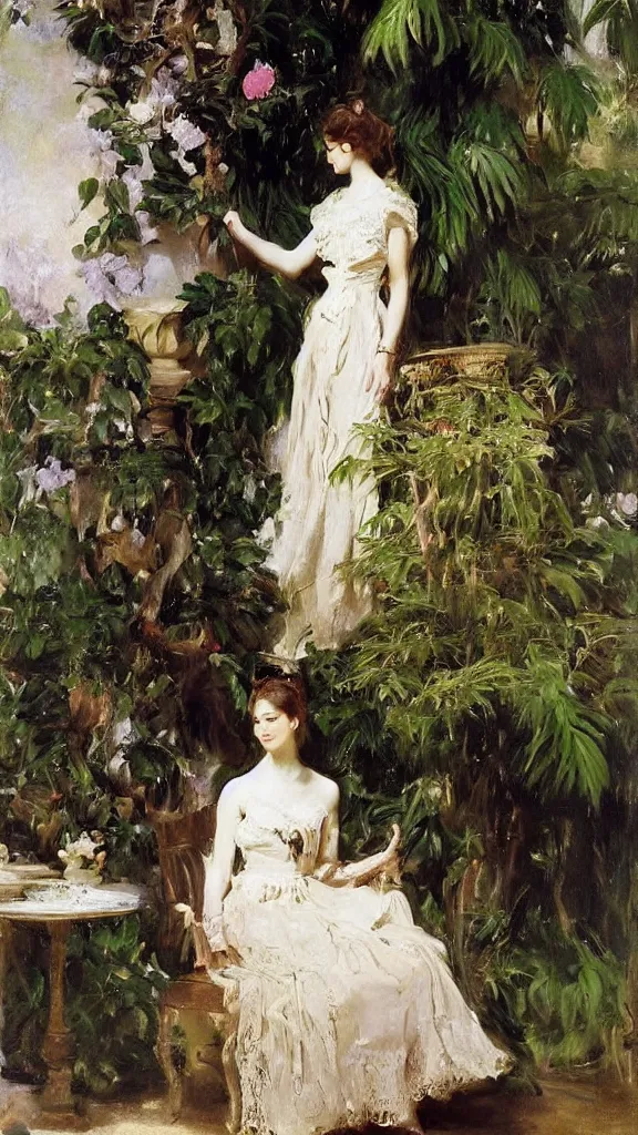 Image similar to beautiful young julee wear a lace dress in a botanical room set near a persian pot and palm treeby john singer sargent