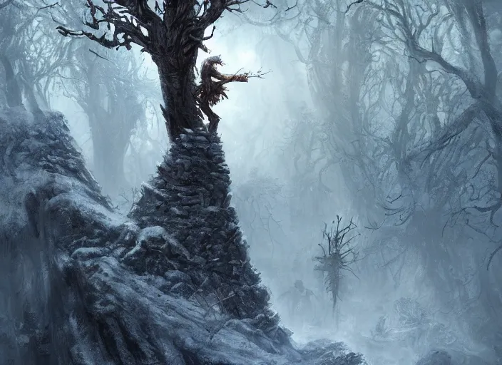 Image similar to a guard hiding on a tree as frost zombies march beneath, cinematic fantasy painting, dynamic perspective, raw feeling, game of thrones, jessica rossier and brian froud and marc simonetti