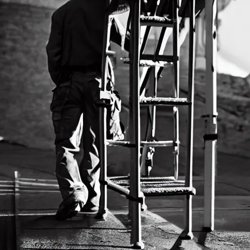 Prompt: photo of a man walking underneath a ladder