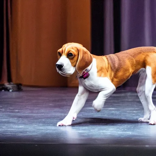 Prompt: a beagle dancing on its hind legs on stage in front of an audience