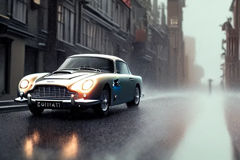 Prompt: a wholesome animation key shot of one focused aston martin db 5, dynamic, on a wet london street, raining, wide shot, studio ghibli, pixar and disney animation, sharp, very detailed, high resolution, rendered in unreal engine 5, anime key art by greg rutkowski, overcast lighting, dark