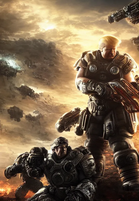 Prompt: Portrait of Donald Trump as emperor of humanity in Gears of War, splash art, movie still, cinematic lighting, dramatic, octane render, long lens, shallow depth of field, bokeh, anamorphic lens flare, 8k, hyper detailed, 35mm film grain