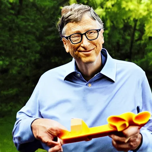 Image similar to bill gates puts pasta in his lawnmover