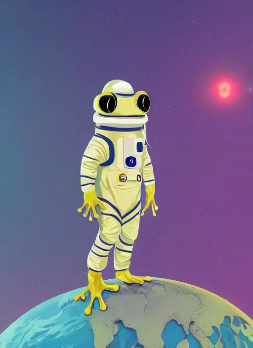 Image similar to a frog in a astronaut suit standing top of the earth, au naturel, hyper detailed, digital art, trending in artstation, cinematic lighting, studio quality, smooth render, unreal engine 5 rendered, octane rendered, art style by kurzgesagt
