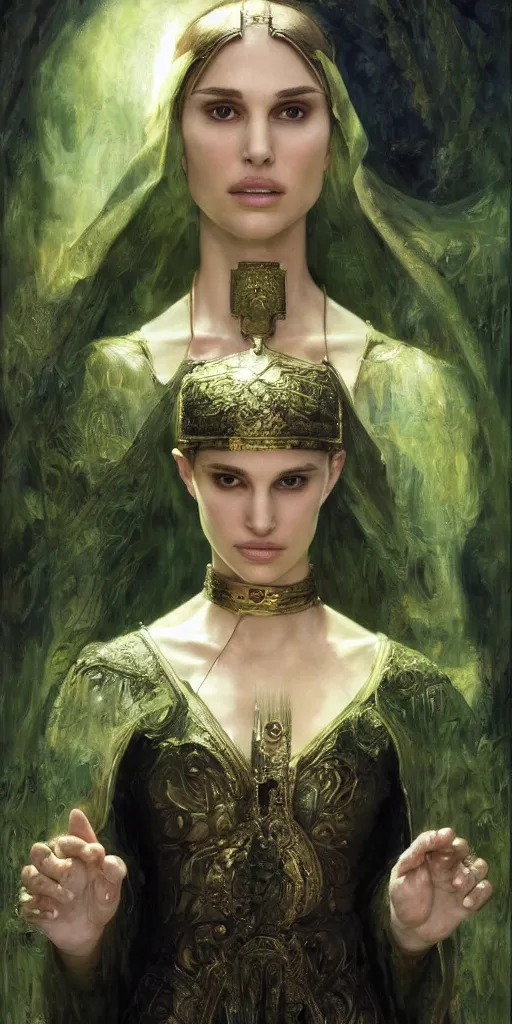 Image similar to epic masterpiece portrait of priestess played by natalie portman, followed by head with many souls, beautiful face and flawless skin, perfect hands, emeralds by Edgar Maxence and Ross Tran and Michael Whelan