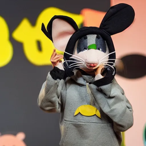 Image similar to a small mouse dressed as a rapper that goes by mc mouse