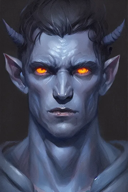 Prompt: character design portrait of a sad dark blue tiefling boy with horns and dark hair and pitch black hollow eyes by Greg Rutkowski