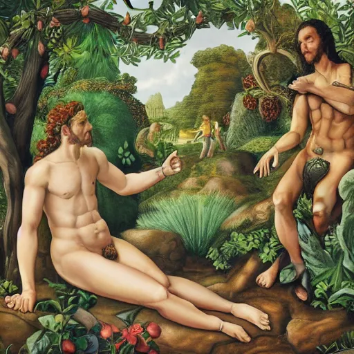 Prompt: god, contemplating adam and eve's future, in the garden of eden - photo - realistic