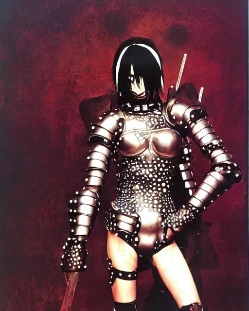 Image similar to portrait of a skinny punk goth yayoi kusama wearing armor by simon bisley, john blance, frank frazetta, fantasy, thief warrior