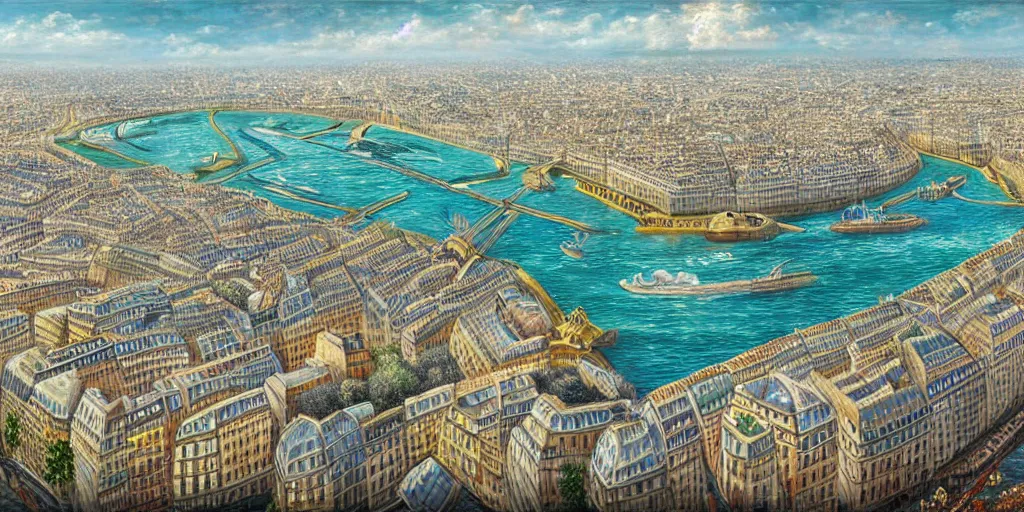 Image similar to master piece stunning digital painting of a parisian small city contained on the top of a giant sea turtle