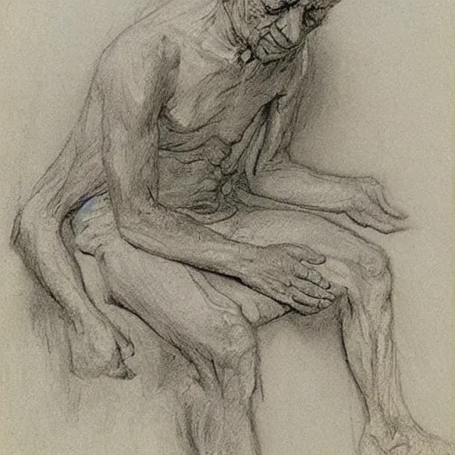 Image similar to drawing sketch of a dying man, by Ilya Repin, charcoal, chalk, 20th century russian academic art, detailed, spontaneous linework