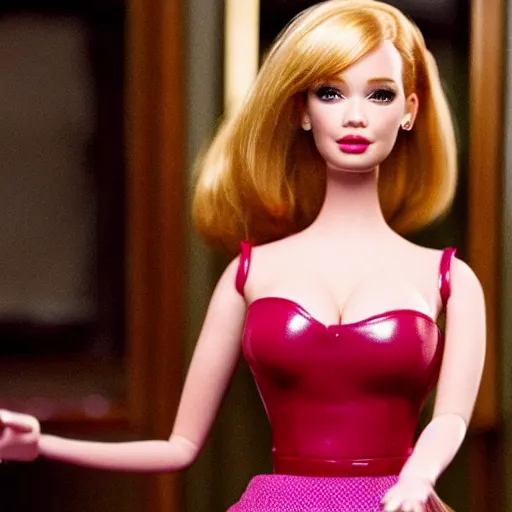 Image similar to amazing beautiful Christina Hendricks barbie doll wearing leather in the living room, film still from the movie directed by Denis Villeneuve , wide lens