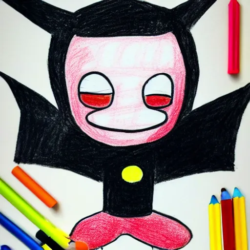 Image similar to a children's drawing of mr. mime as batman, crayon, paper