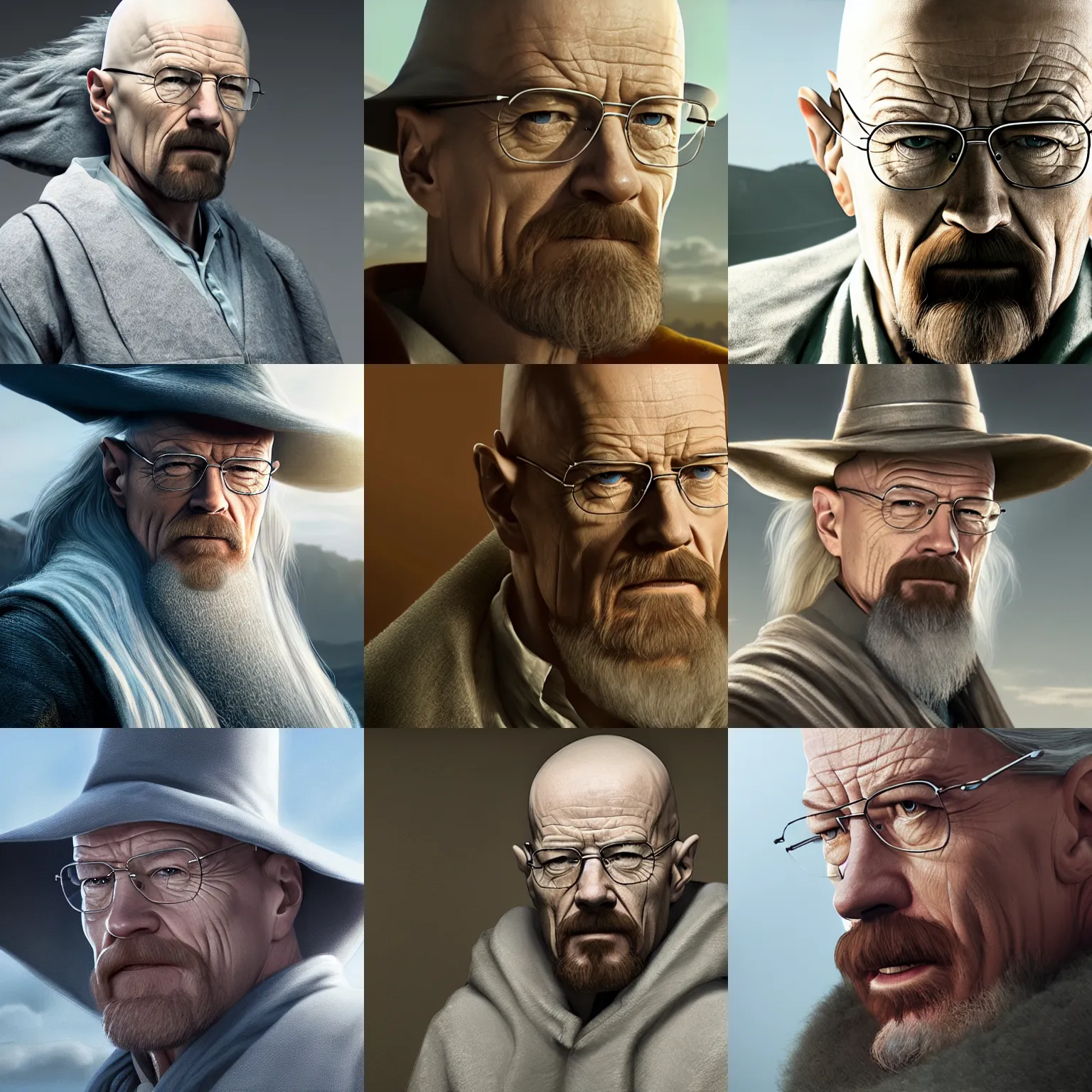 Prompt: walter white is gandalf, concept art by senior character artist, cgsociety, photorealism, reimagined by industrial light and magic, rendered in unreal engine, official art