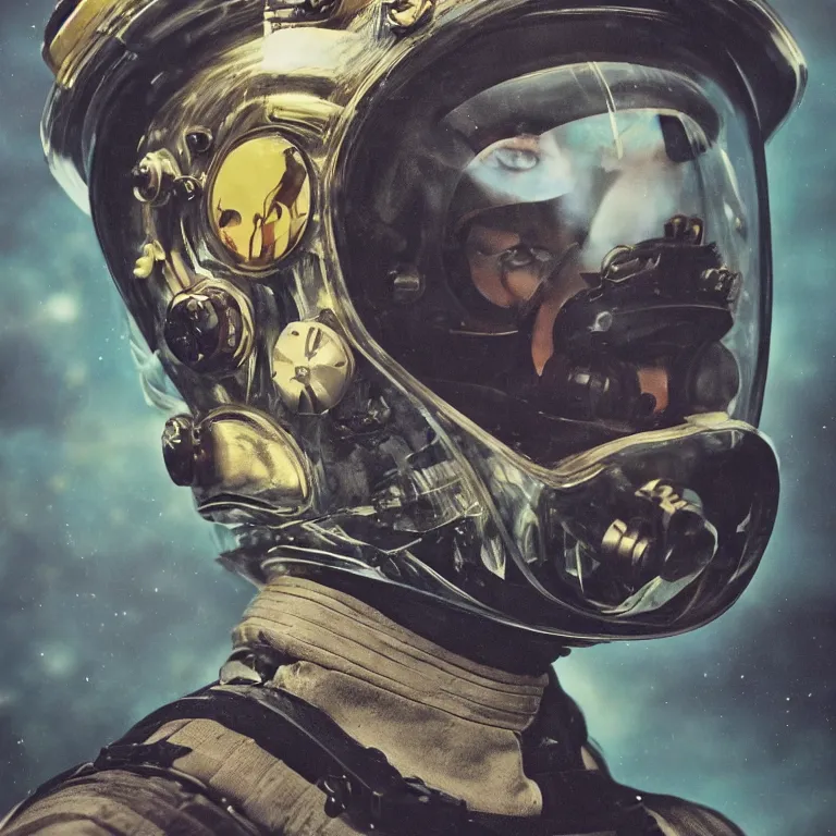 Prompt: beautiful extreme closeup portrait photo in style of frontiers in human deep diving helmet Helmets of Emperor Charles V the Wise science fashion magazine September retrofuturism edition, highly detailed, soft lighting