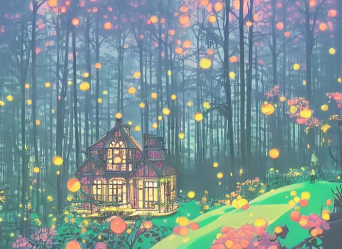 Image similar to house in a clearing in the middle of the forest, beautifully lit, steampunk, by chiho aoshima