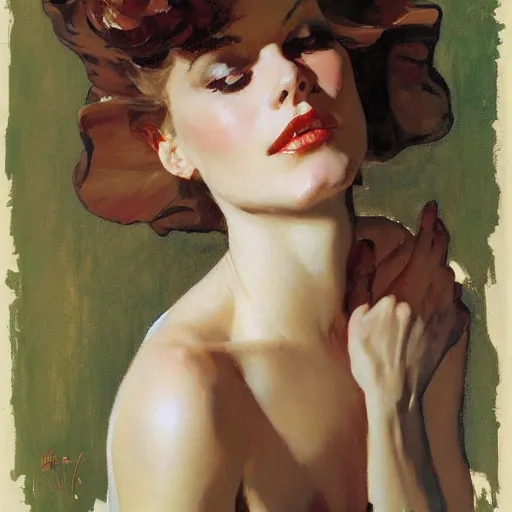 Image similar to portrait of a beautiful woman, intricate, elegant, highly detailed, greg manchess, mucha, gil elvgren