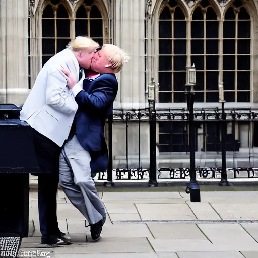 Image similar to a paparazzi photo of boris johnson kissing donald trump along the houses of parliament, london, the sun newspaper, detailed, canon eos, f / 1. 2, 2 0 0 mm lens, photograph