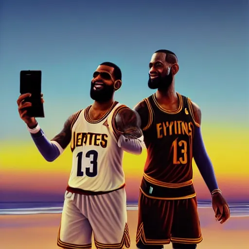 Image similar to beautiful serene intricate portrait of kyrie irving and lebron james taking a selfie, smiling softly, relaxing on the beach, golden hour, soft focus, 8 k, art by irakli nadar, hyperrealism, hyperdetailed, ultra realistic