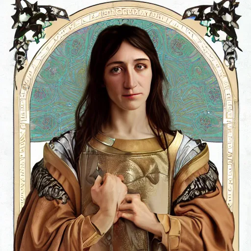 Image similar to portrait of charlotte gainsbourg as joan of arc, hyperreal digital painting, iconography influenced by alphonse mucha and eugene delacroix, arstation and deviantart trends, high resolution 8 k