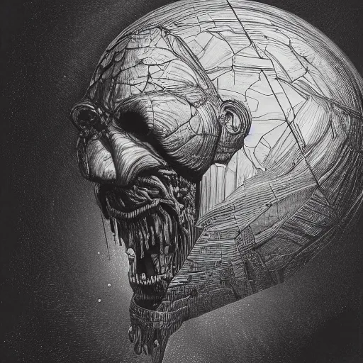 Prompt: huge metal face of a humanoid colossal monster in space staring at the earth silently ominously with a unbelievably creepy uncanny valley facial features face faces by greg rutowski and gustave dore