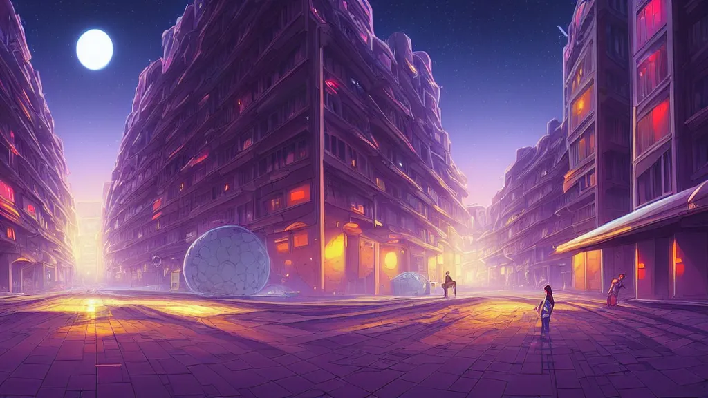 Image similar to the empty city street looking towards the spaceport at night by cyril rolando and naomi okubo and dan mumford