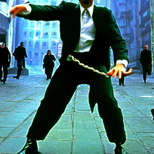 Prompt: Mr Bean as neo in the matrix, fight scene, green tinted, 35mm film