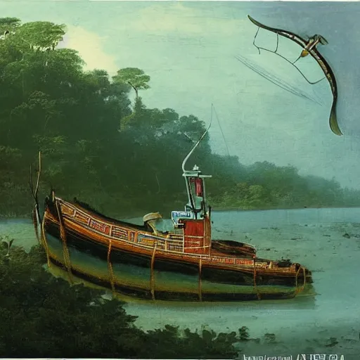 Prompt: scallop dredge boat dragging dredges through a pristine jungle, surrealist,