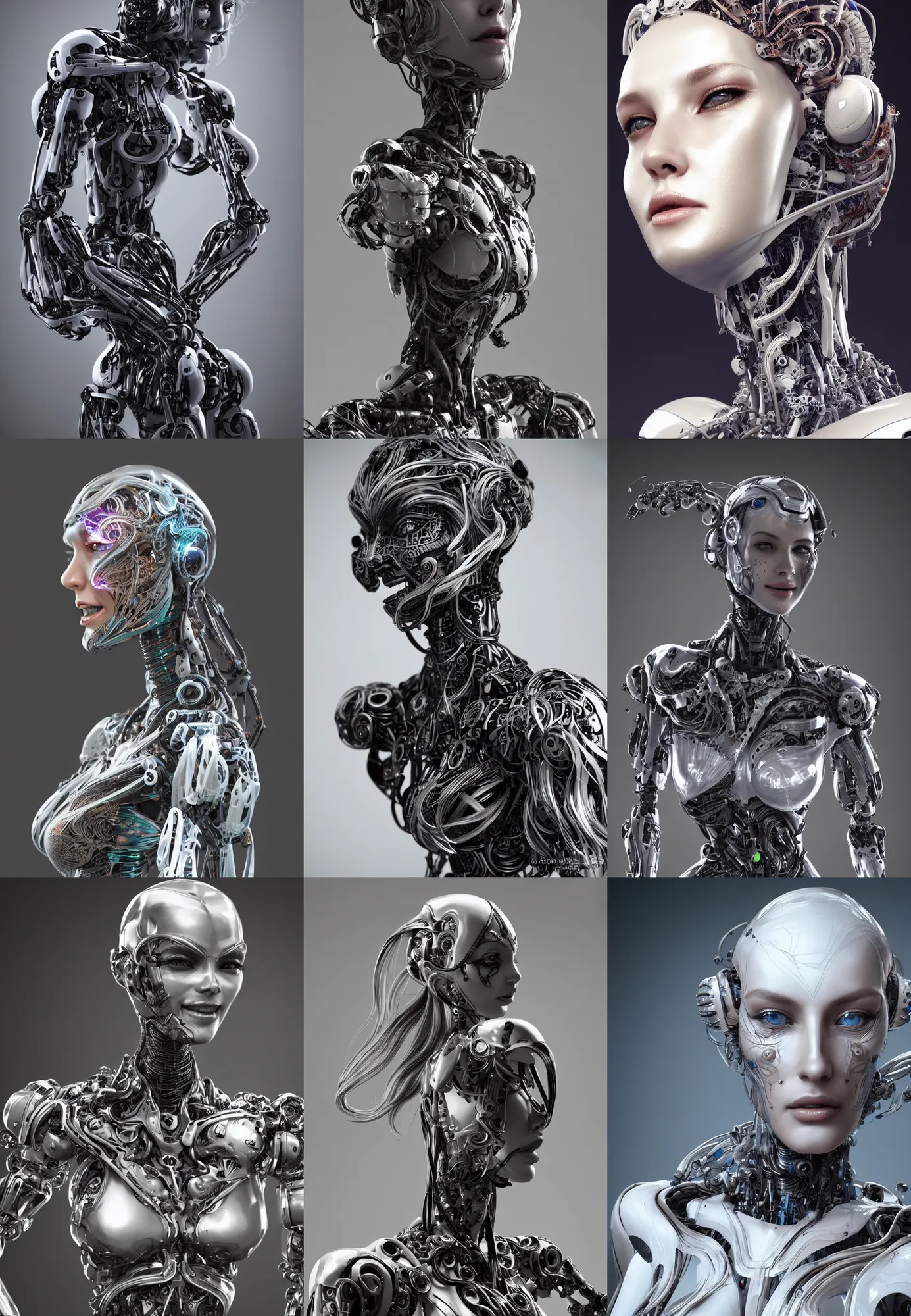 Prompt: perfectly centered portrait, front view of a beautiful biomechanical android robot super model female, flowing hair, intense stare, sarcastic smile, symmetrical, concept art, intricate detail, volumetric shadows and lighting, realistic glass sculpture, octane render, unreal engine