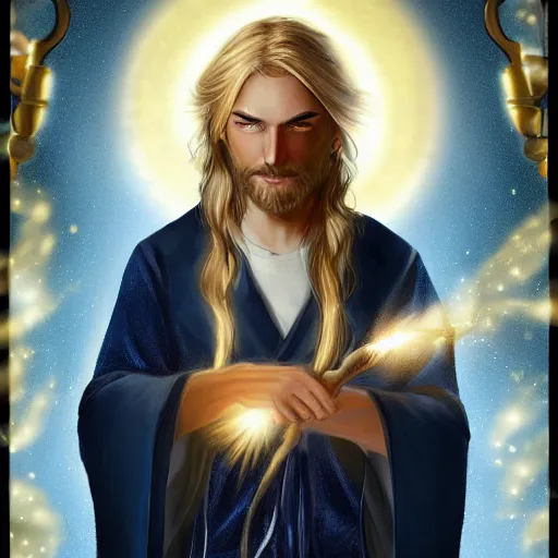 Image similar to A portrait of a young well kept wizard with a long blonde ponytail in a navy blue robe with gold accents, he holds a staff of light with a bright crystal, digital art, trending on artstation