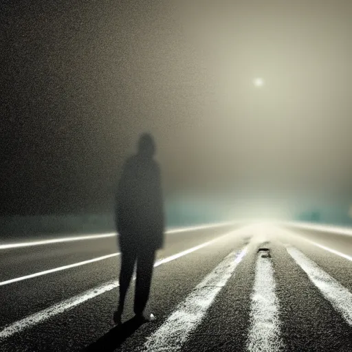 Prompt: a barely visible creepy figure standing in the middle of the road at night, found footage, dark, scary