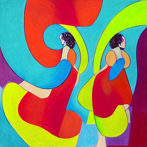 Prompt: woman symmetry dancing through time and space as ferns and spirals unfold before her feet, abstract art in the style of cubism and davinci and georgia o keefe,