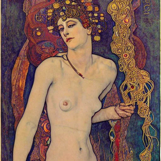 Image similar to a goddess of transcendential consciousness, contrapposto, egon schiele, gustav klimt, alphonse mucha, retro futurism