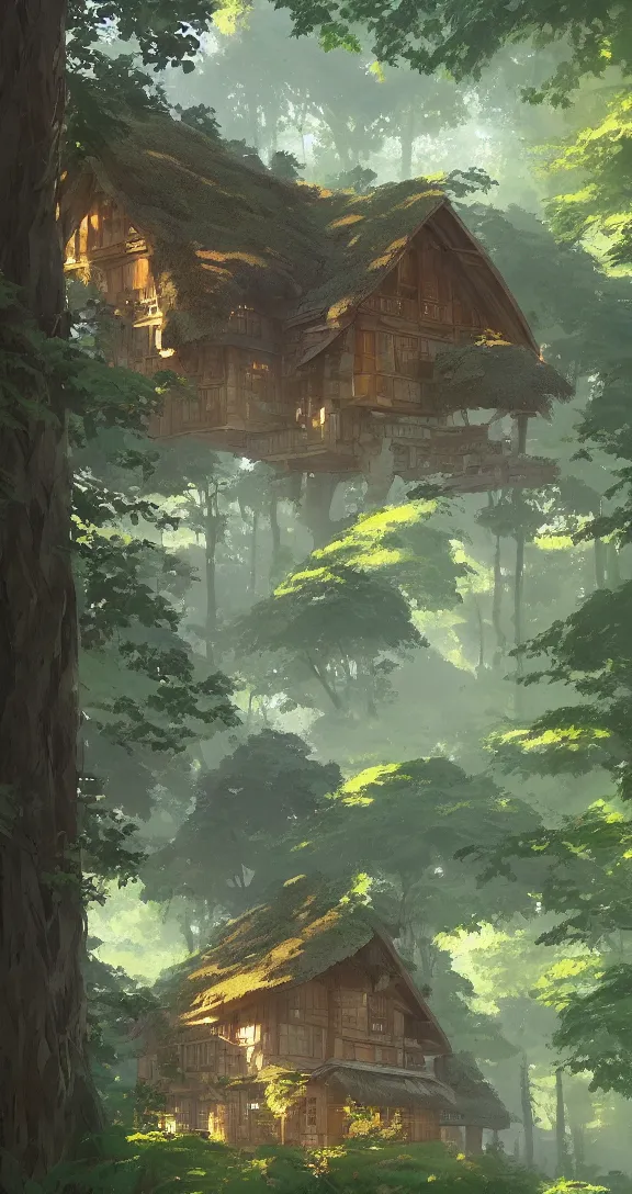 Image similar to Stunning cottage, solar, lush, forest, beautiful, by Studio Ghibli and Greg Rutkowski, artstation