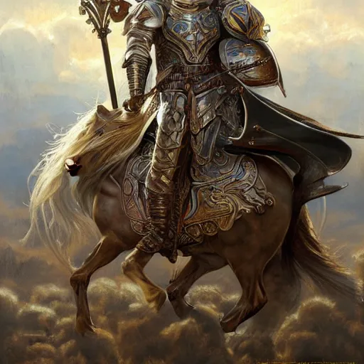 Image similar to Beautiful male cleric with long flowing blonde hair wearing burnished bronze armour emblazoned with a swan on the breastplate wielding a magical scimitar embossed with the phases of the moon, fantasy D&D character, portrait art by Donato Giancola and Bayard Wu, digital art, trending on artstation, 4k