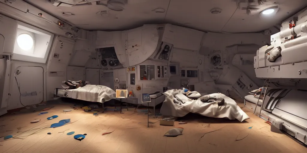 Image similar to Room of a spacecraft, with a bunk bed, Dark and light mixture, Light light atmosphere, soft light, warm tones, lights, gloom and lights, warm tones, warm colors, photo realistic, playing, CGI, Unreal Engine, Hdri