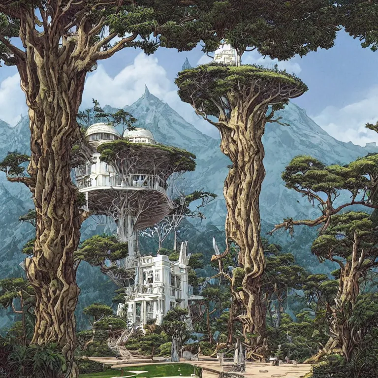 Prompt: a surreal white castle surrounded by exotic trees on a tall mountain by moebius