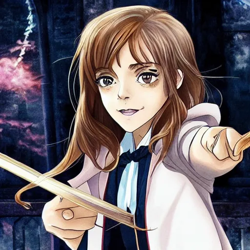 Prompt: emma watson as hermione granger as an anime character, holding a wand, anime hogwarts in the background