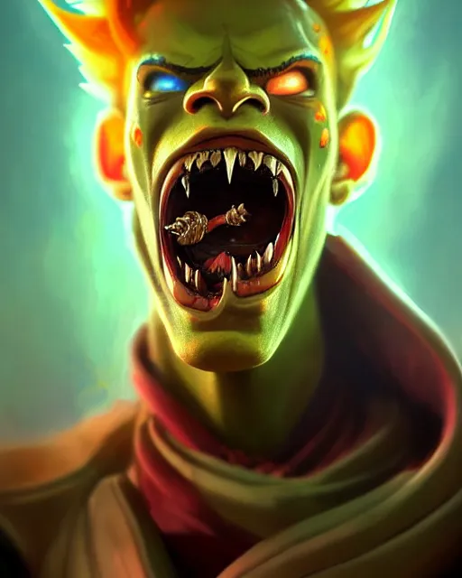 Image similar to junkrat from overwatch, mouth closed, fantasy, fantasy art, fantasy, colorful, elegant, character portrait, portrait, close up, highly detailed, intricate detail, amazing detail, sharp focus, vintage fantasy art, vintage sci - fi art, radiant light, caustics, by boris vallejo