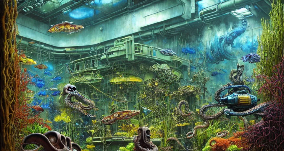 Prompt: lush garden fury road aquarium with cyborg cephalopods minimalist oil painting by donato giancola, chris foss, maschinen krieger fetuses organic laboratory, victorian shopping mall courtyard, beeple, the matrix, star wars, ilm, star citizen, mass effect, warm coloured, artstation, atmospheric perspective