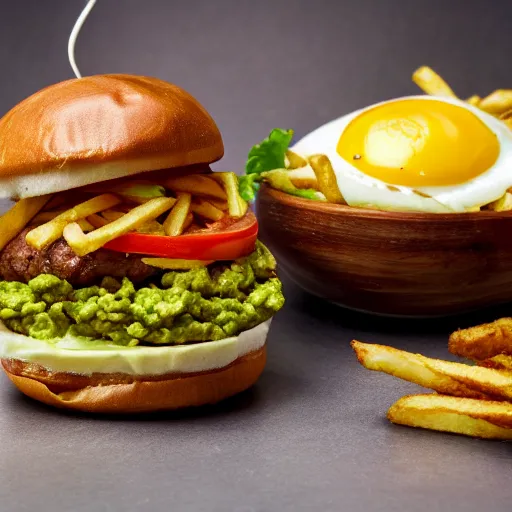 Prompt: a hamburger with guacamole topping and crispy fried onion topping and fried egg topping next to a bowl of french fries, crispy buns, 8 k resolution, studio lighting, sharp focus, hyper - detailed