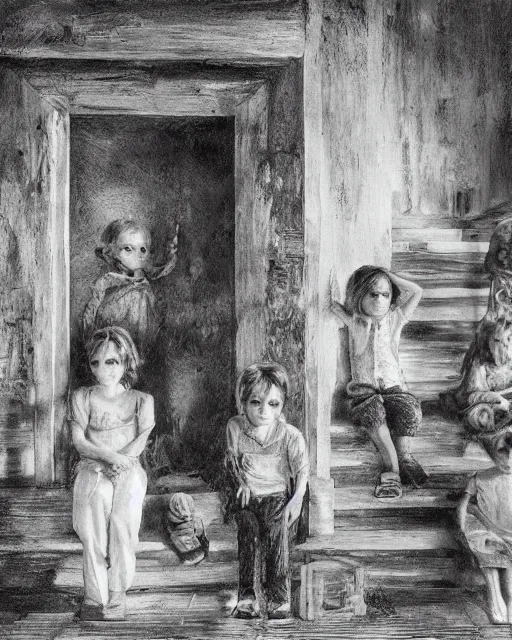 Prompt: group of creepy children staring out, black and white, victorian, ultra realistic, concept art, intricate details, horror, cinematic, highly detailed